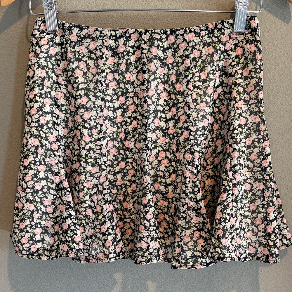 Forever 21 Black Skater Mini Skirt with Pink Floral Print